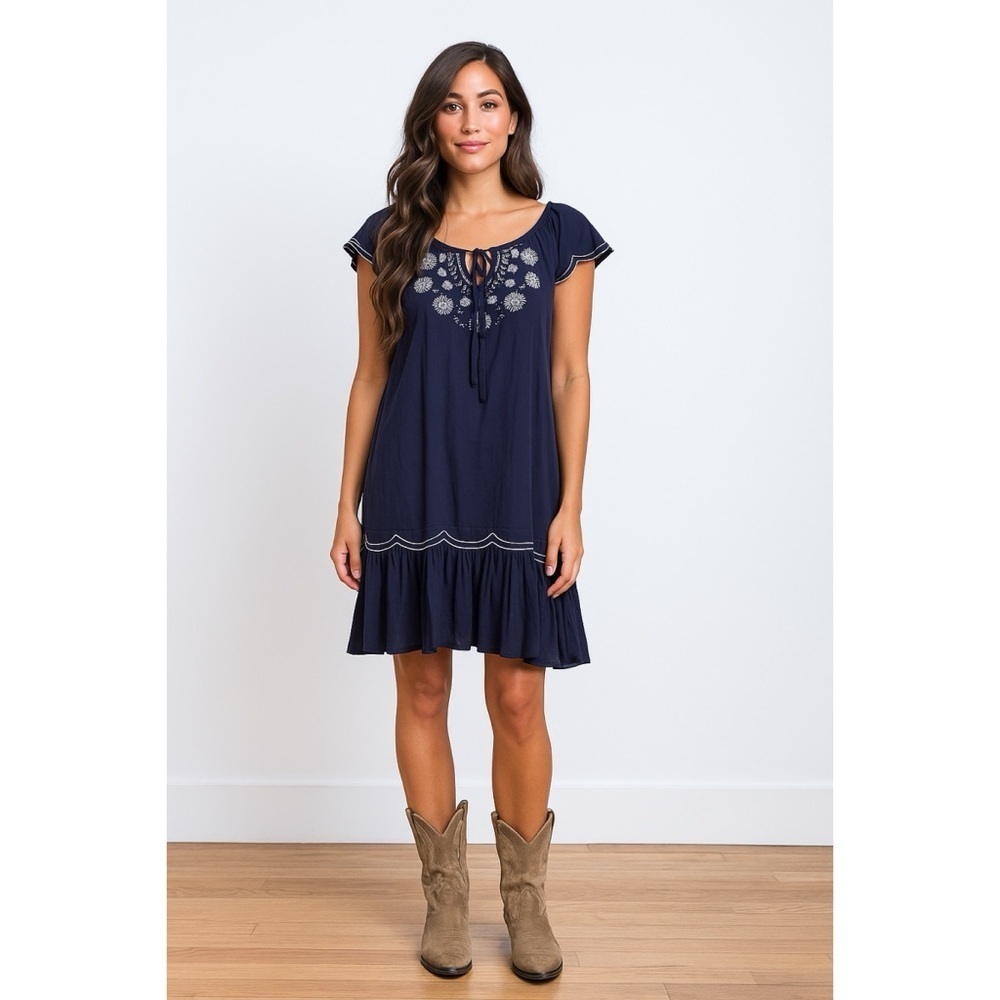 NWT Anthropologie Lilka Blue Embroidered Scalloped Trim Dropwaist Ruffle Dress